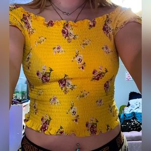 Large yellow crop top with pink flowers